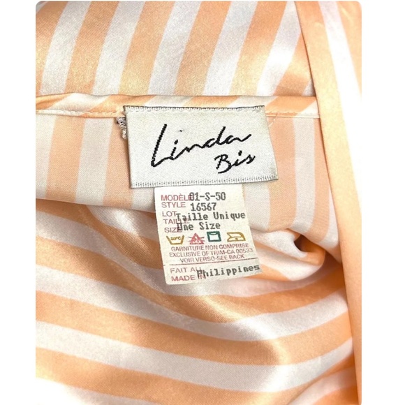 Vintage 1990’s ‘Linda Bis’ Peach & White Striped Satin Robe - Wrap - Belt - S/M - Picture 6 of 10